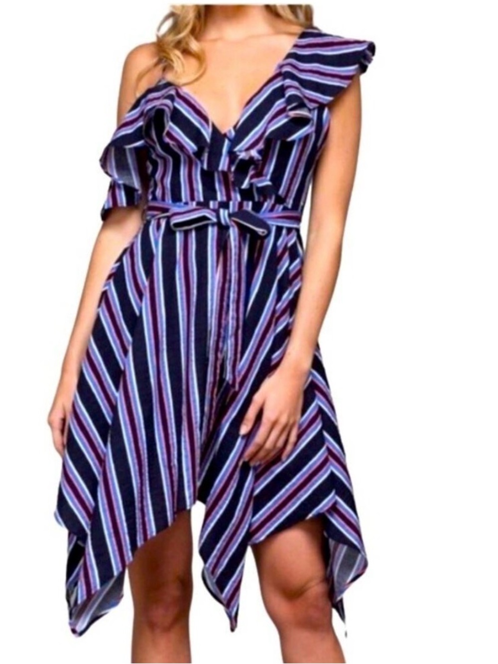 DO+BE Navy Striped Asymmetrical Dress Size S